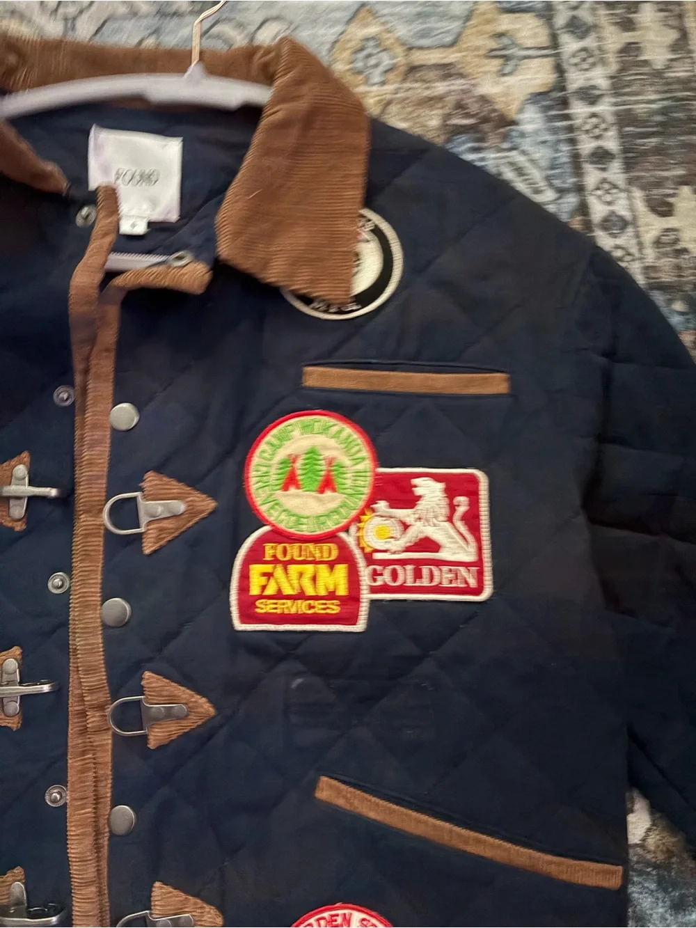 Found Quilted Navy Field Jacket with Brown Trim and Patchwork
